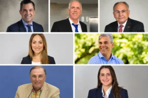Composite photograph of seven Coral Gables municipal election candidates, with three mayoral candidates across the top, two Group IV commission candidates in the middle and two Group V candidates along the bottom.