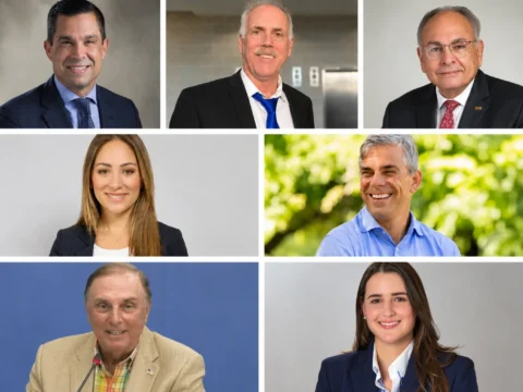 Composite photograph of seven Coral Gables municipal election candidates, with three mayoral candidates across the top, two Group IV commission candidates in the middle and two Group V candidates along the bottom.