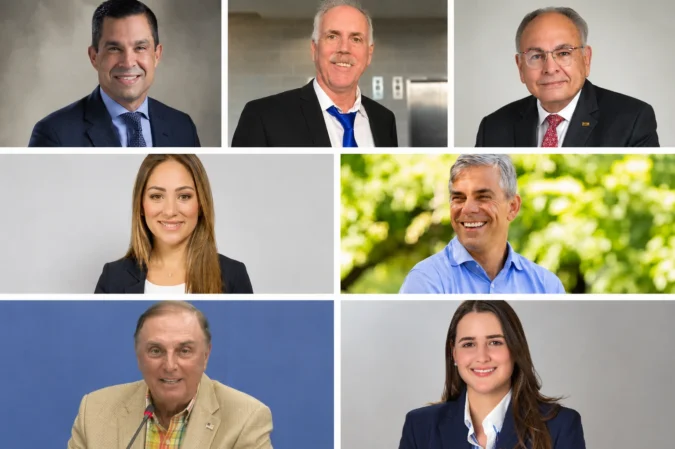 Composite photograph of seven Coral Gables municipal election candidates, with three mayoral candidates across the top, two Group IV commission candidates in the middle and two Group V candidates along the bottom.