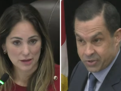 Commissioner Melissa Castro, left, and Mayor Vince Lago speaking during the Sept. 29 Coral Gables City Commission meeting.