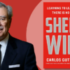 Promotional graphic featuring Carlos Gutierrez in a dark suit and glasses beside the red cover of his memoir, "Sheer Will: Learning to Lead When There Is No Path."