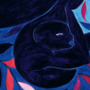 Detail of Tunji Adeniyi-Jones's Blue Dancer, showing a dark indigo figure with one visible eye and curving limbs against a vivid blue background with red, pink and dark leaflike forms.