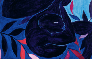 Detail of Tunji Adeniyi-Jones's Blue Dancer, showing a dark indigo figure with one visible eye and curving limbs against a vivid blue background with red, pink and dark leaflike forms.