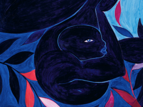 Detail of Tunji Adeniyi-Jones's Blue Dancer, showing a dark indigo figure with one visible eye and curving limbs against a vivid blue background with red, pink and dark leaflike forms.