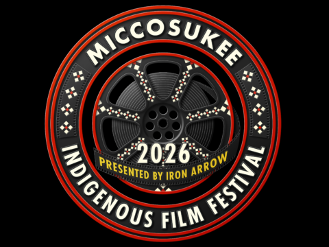 Circular 2026 Miccosukee Indigenous Film Festival logo featuring a film reel, filmstrip and Miccosukee-inspired geometric designs.
