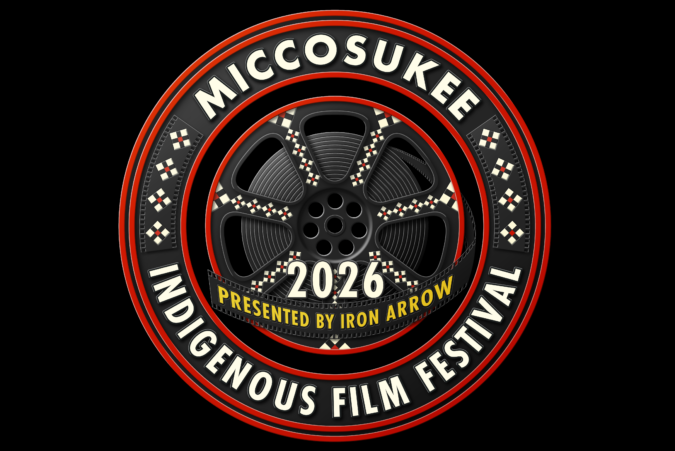 Circular 2026 Miccosukee Indigenous Film Festival logo featuring a film reel, filmstrip and Miccosukee-inspired geometric designs.