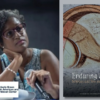 Composite image showing a woman with glasses holding a microphone beside the cover of Enduring Myths: Scholars and Stories about Haiti, featuring abstract artwork.