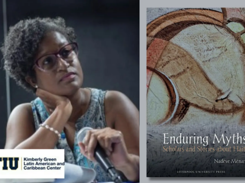 Composite image showing a woman with glasses holding a microphone beside the cover of Enduring Myths: Scholars and Stories about Haiti, featuring abstract artwork.