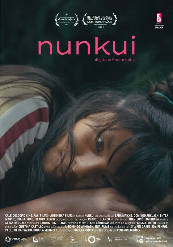 Poster for “Nunkui” showing a young girl with long dark hair resting her head on her arm, with the film’s title in pink above her.