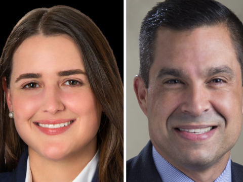 Side-by-side headshots of Coral Gables Group V candidate Dominique “Nikki” Whiting and Mayor Vince Lago.