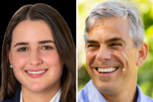 Side-by-side headshots of Coral Gables City Commission candidates Dominique “Nikki” Whiting, left, and Nestor Menendez, right, featured in a report on campaign fundraising and spending.