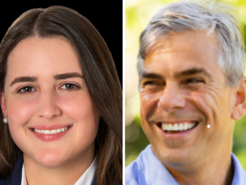 Side-by-side headshots of Coral Gables City Commission candidates Dominique “Nikki” Whiting, left, and Nestor Menendez, right, featured in a report on campaign fundraising and spending.