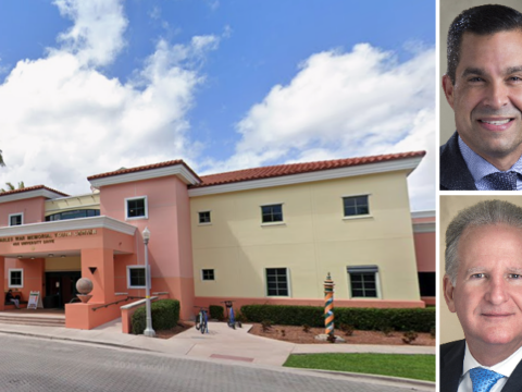 Composite image showing the Coral Gables War Memorial Youth Center alongside portraits of Mayor Vince Lago and City Manager Peter Iglesias.