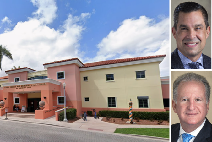 Composite image showing the Coral Gables War Memorial Youth Center alongside portraits of Mayor Vince Lago and City Manager Peter Iglesias.