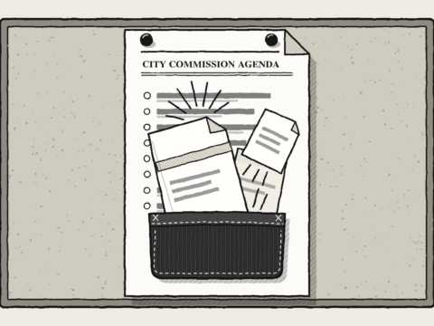 Illustration of a City Commission agenda with a dark pocket attached to it as papers unexpectedly burst out, representing unannounced “pocket items.”