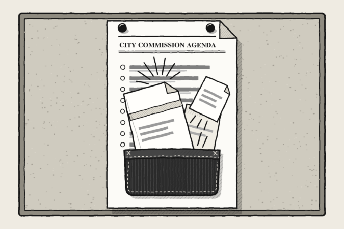 Illustration of a City Commission agenda with a dark pocket attached to it as papers unexpectedly burst out, representing unannounced “pocket items.”